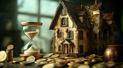 Mortgage isometric landing page. Cottage house with scatter coins and hourglass. Hypothec loan, debt, personal bank consumer credit offer for buying home by installments. 3d vector line art web banner