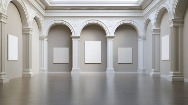 Arches with columns and illuminated blank signboards in wall, rectangular interior gates with white pillars and empty banners in art gallery or museum, archway frames, Realistic 3d vector mock up