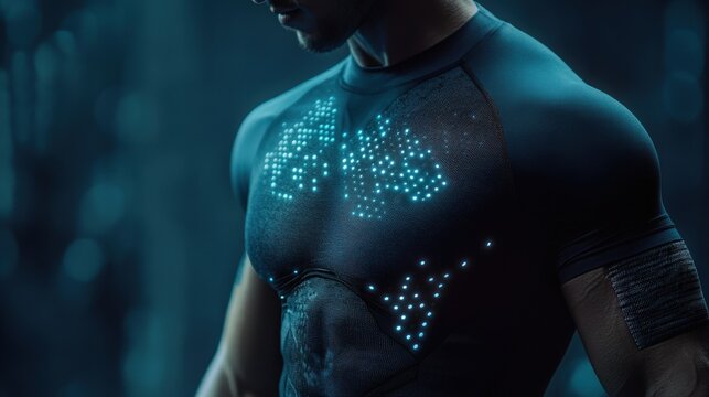 A futuristic man wearing high tech glowing athletic apparel
