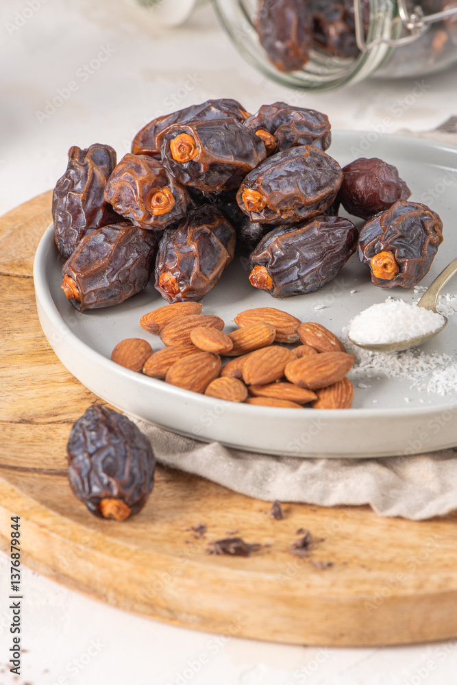 Aufkleber medjool dates and almonds on a plate with a spoonful of shredded coconut, set on a wooden board with