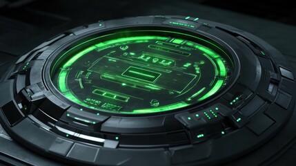 Futuristic Green Interface Display with Circular Design and Advanced Technology Elements
