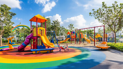Kid playground park with rainbow cartoon vector background. Kindergarten outside amusement environment with slide, swing, sandbox, horse and seesaw. Fantasy children playhouse garden design with tree
