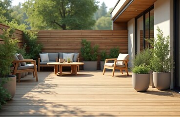 Modern terrace area, deck flooring with cozy outdoor furniture. Green potted plants, wooden fence, comfy sofas create relaxing home backyard space. Lounge zone, patio, balcony with stylish wooden