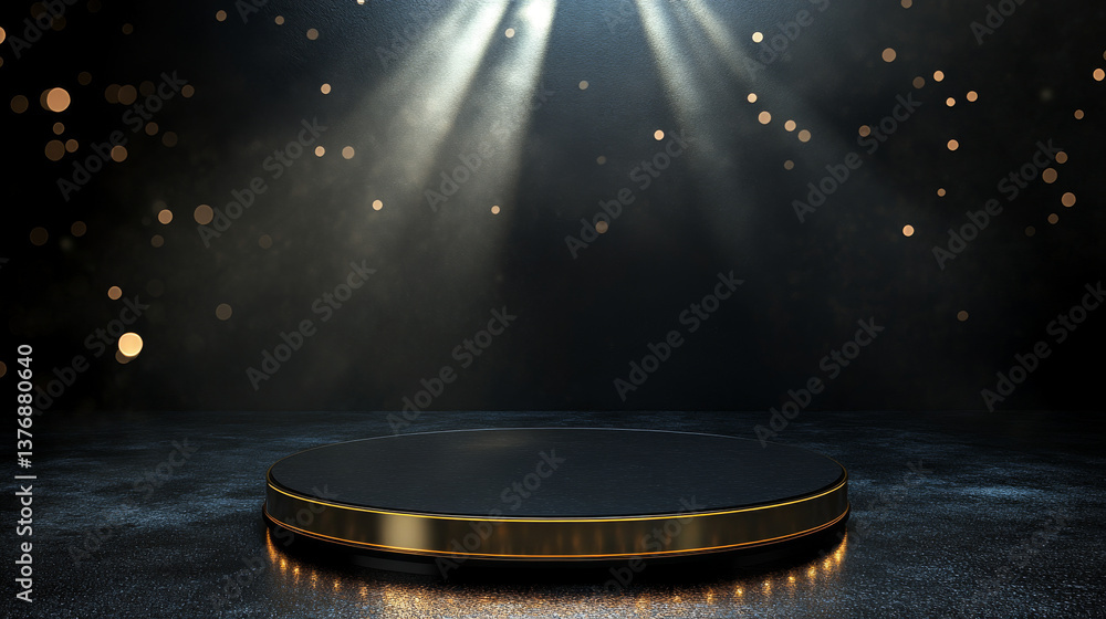 Aufkleber black luxury podium with glowing golden edge, floating particles and light beams on dark background.
