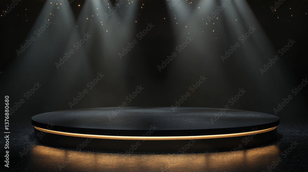 Poster black luxury podium with glowing golden edge, floating particles and light beams on dark background.