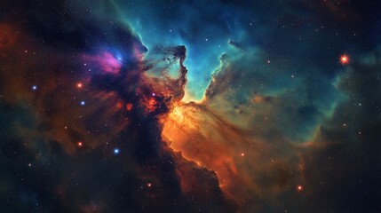 Fototapeta premium A breathtaking cosmic nebula displaying vibrant hues of orange teal and purple scattered with brilliant stars a celestial masterpiece of interstellar gas and dust in deep space