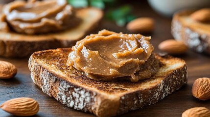 Moroccan Argan Almond Butter spread rustic toast extreme close up showcasing rich creamy texture and golden hues fine nut particles visible