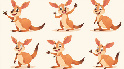 Naklejka premium Cute funny kangaroo cartoon character jumping with interested face emotion, standing and waving hand, lying with satisfied smile. Vector illustration set of Australia marsupial animal mascot.