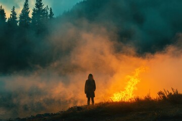 Silhouette by Fire in Misty Forest