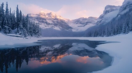 Serene winter sunrise paints the snow-covered Canadian Rockies and pristine frozen lake with breathtaking reflections.