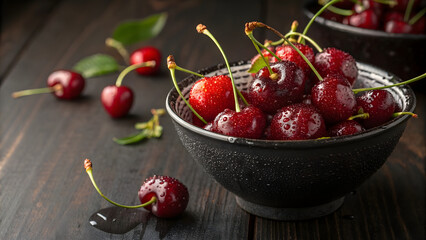 A handcrafted ceramic bowl, its matte black glaze absorbing light, overflows with plump, crimson cherries