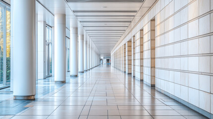 Obraz premium Empty corridor, hall with inclined white walls and columns. Modern house, office or gallery building interior with pillars and niches, vector realistic illustration