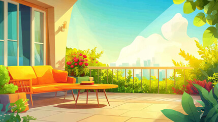 House terrace with table, couch and view to garden. Vector parallax background ready for 2d animation with cartoon illustration of wooden veranda and forest or park landscape with trees