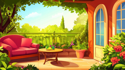 Fototapeta premium House terrace with table, couch and view to garden. Vector parallax background ready for 2d animation with cartoon illustration of wooden veranda and forest or park landscape with trees