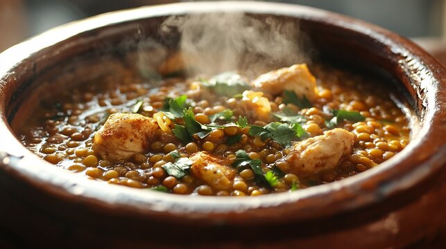 Moroccan Rfissa Spiced Lentil Chicken Dish a traditional Moroccan clay tagine warm backlighting emphasizing aromatic steam rising from the dish