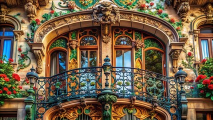 Obraz premium Art Nouveau Architectural Details: Ornate Facade & Intricate Ironwork