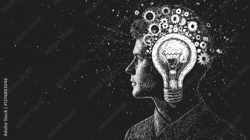 Aufkleber man's head with lightbulb and gears, symbolizing ideas and innovation.