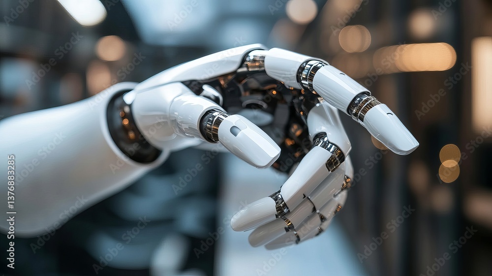 Poster advanced robotic hand closeup detailed futuristic technology artificial intelligence white metal mec