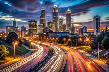 Fototapeta premium Atlanta Skyline Night Long Exposure Photography - Cityscape Lights Trails