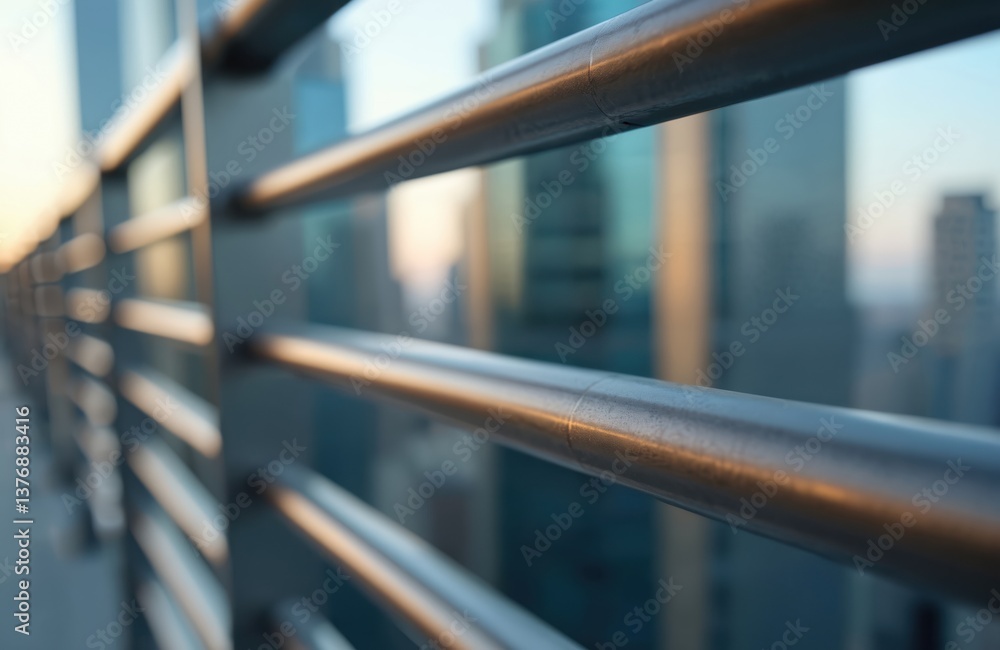 Poster close-up stainless steel railing against blurred cityscape background. horizontal bars arranged, cre