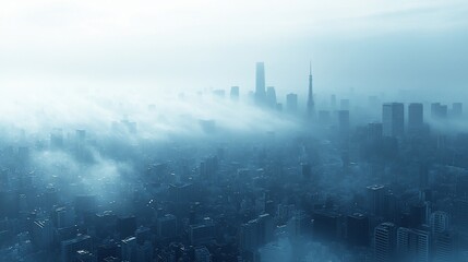 Fototapeta premium Urban Landscape Enshrouded in Mist: A Cityscape Veiled in a Blue Haze with Towering Structures