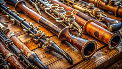 Naklejka premium Authentic Close-Up of Vintage Woodwind Instruments, Detailed Craftsmanship, Documentary Style Photography