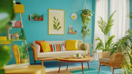Vibrant Teal Living Room with Plants