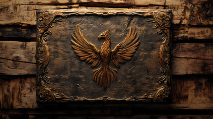 Ancient stone tablet with fiery phoenix emblem on rustic wooden background mysterious ornate design symbolizes power and rebirth ideal for fantasy themed decor. Fabled Engravings. Illustration