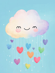 A colorful cloud with rainbow hearts falling from it