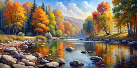 Obraz premium Autumn River Coast Landscape: Hand-Drawn Oil Painting Texture, Stones, Trees, Copy Space