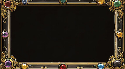 Medieval game frame, ui metal fantasy border, golden, silver or bronze button decorated with gemstones, vector icons isolated. Ancient rectangle banner, old vintage rank sign or empty item bar cartoon