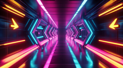 Naklejka premium Hallway room interior with neon arrow light on walls and reflections on floor. Realistic 3d background with path and luminous lamps. Abstract futuristic bg with perspective electric glow tunnel.