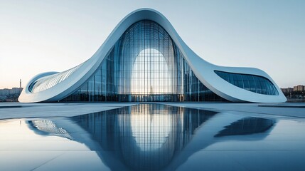 Modern Architectural Marvel: A Sleek White Building with Reflective Pool at Dawn