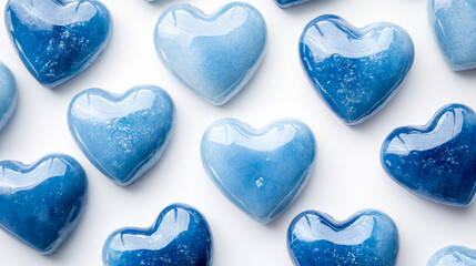 Blue hearts frame on white background. Vector realistic illustration of love symbols on saint valentine, mothers or fathers day card, romantic flyer backdrop, holiday banner with confetti border