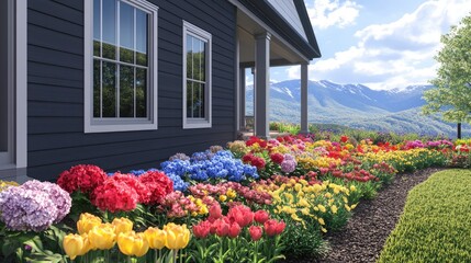 A colorful flower garden with hydrangeas, peonies, and tulips surrounding the base of a traditional home, bringing color and life to the exterior.