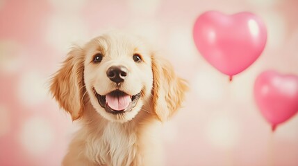 puppy love concept A happy puppy smiling with pink heart balloons in a soft, dreamy background. pride month concept