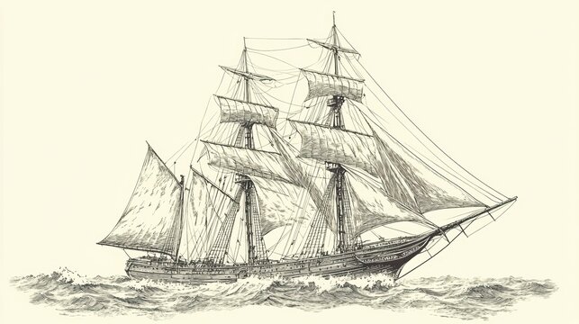 Detailed pencil sketch of a three-masted schooner sailing on the ocean.