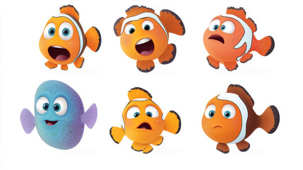 Set of fish emoji characters isolated on background. Vector cartoon illustration of funny clownfish, striped yellow and purple sea animal smiling, crying, angry, happy, sad, colorful mascot design