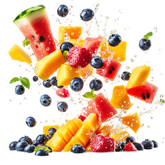 Watermelon Blueberries and Mango Chunks Flying with Fruit Splash Isolated on Transparent Background