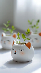Three white cat figurines with green leaves in their mouths