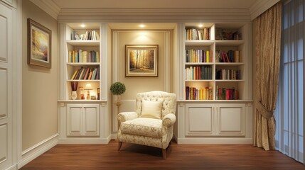 A cozy reading nook with built-in bookshelves, a soft armchair, and warm lighting.