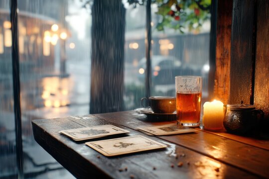 Cozy tarot reading by the window on a rainy day with tea and candles