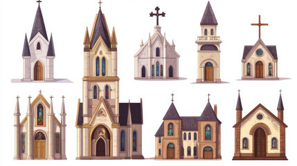 Fototapeta premium Church building cartoon collection of Catholic chapels with stained glass windows, tall towers, crosses and architectural details. Medieval religious structures with wooden doors and bell towers.