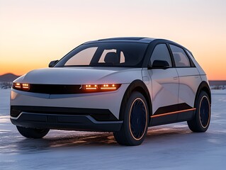 Obraz premium Sleek white electric SUV stands on snowy ground at sunset showcasing its modern design and innovative technology.