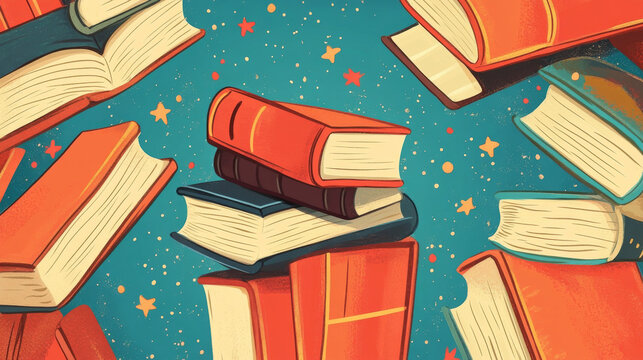 Bookmarks template for reading literature in school or library. Vector vertical banners with cartoon illustration of flying books with ribbons and stack on shelf