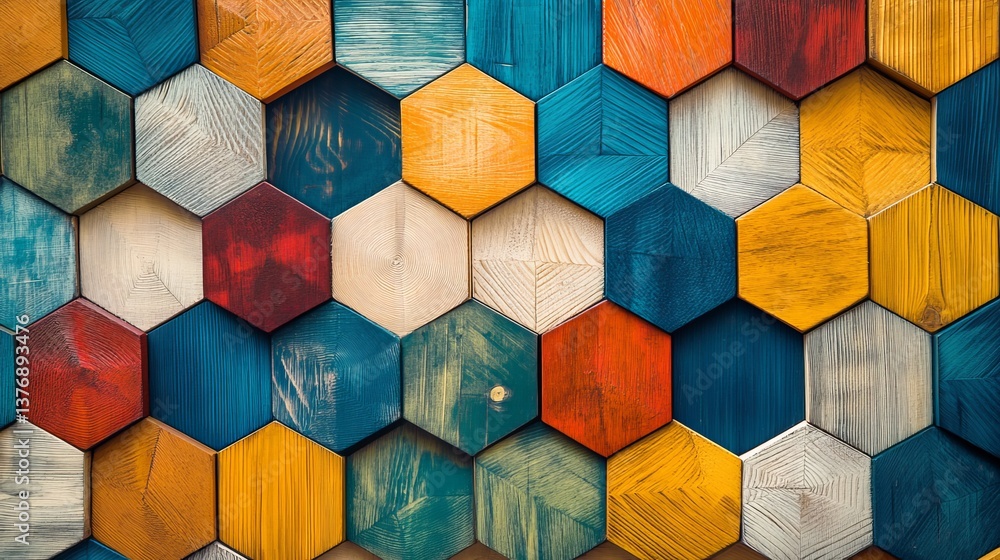 Poster colorful hexagon wooden pattern background texture design geometric abstract art multicolored tiles 