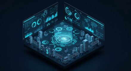 Smart City Isometric Model Showing Data Visualization and Green Energy
