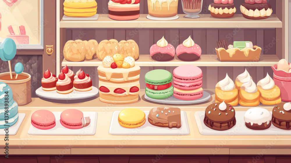 Aufkleber game shop with items icons and buttons. ui frame for game store interface with cute cake, macaron an
