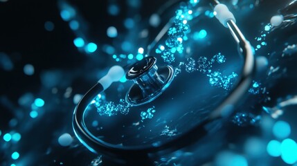 High-tech medical research concept with a stethoscope surrounded by glowing blue molecules.