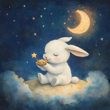A rabbit is sitting on a cloud with a basket of stars in its mouth